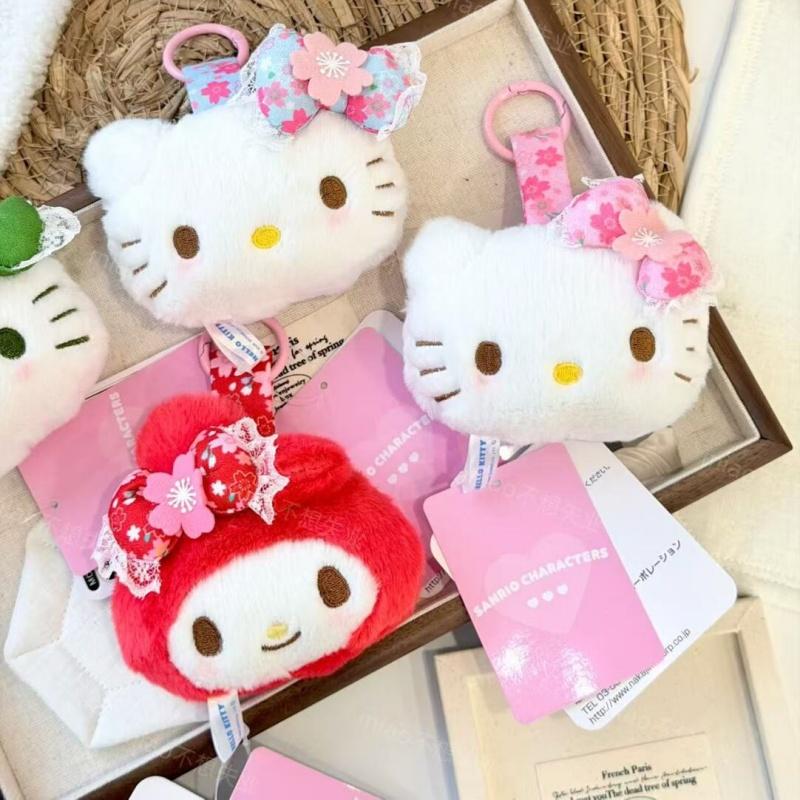 kitty cat My Melody red kimono floral print plush toy keychain melody cute Hello Kitty big face stuffed doll bag charm