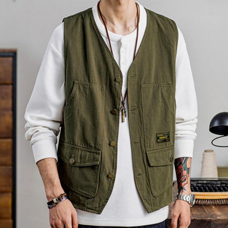 Trendy Vesta Harajuku Streetwear s výstřihem do V pro muže - Literární, Jednořadé zapínání