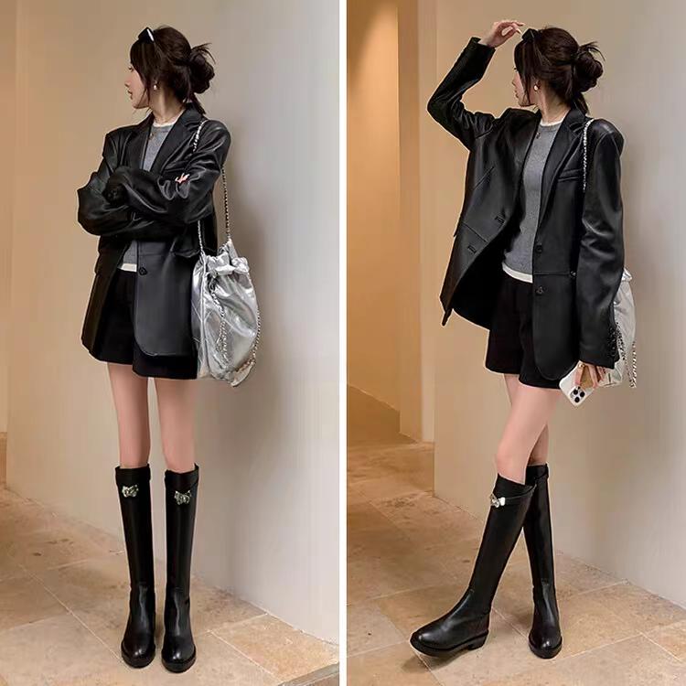 2025 Autumn Winter round Toe Belt Bule Long Boots Women Knee High Slimming Knight Boots Korean High Tube