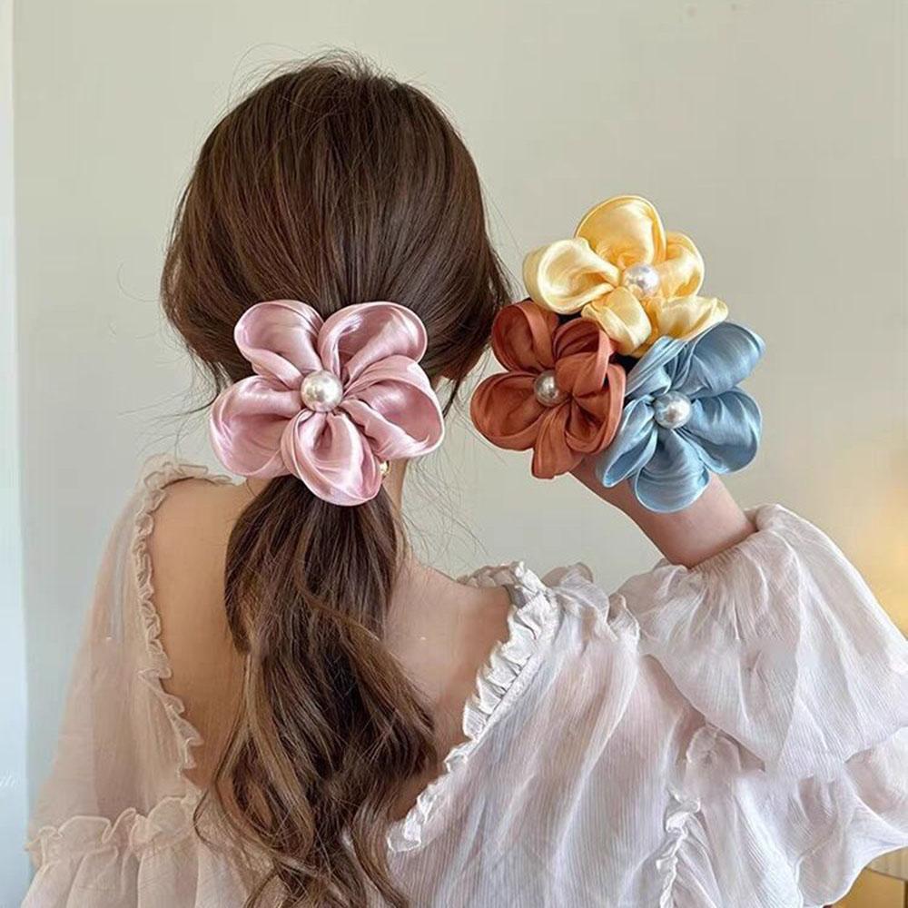 Elegantes Perlen Strass Blume Haarband Organza Stretch Scrunchies Für Frauen Mädchen Haarschmuck Kopfschmuck Pferdeschwanzhalter