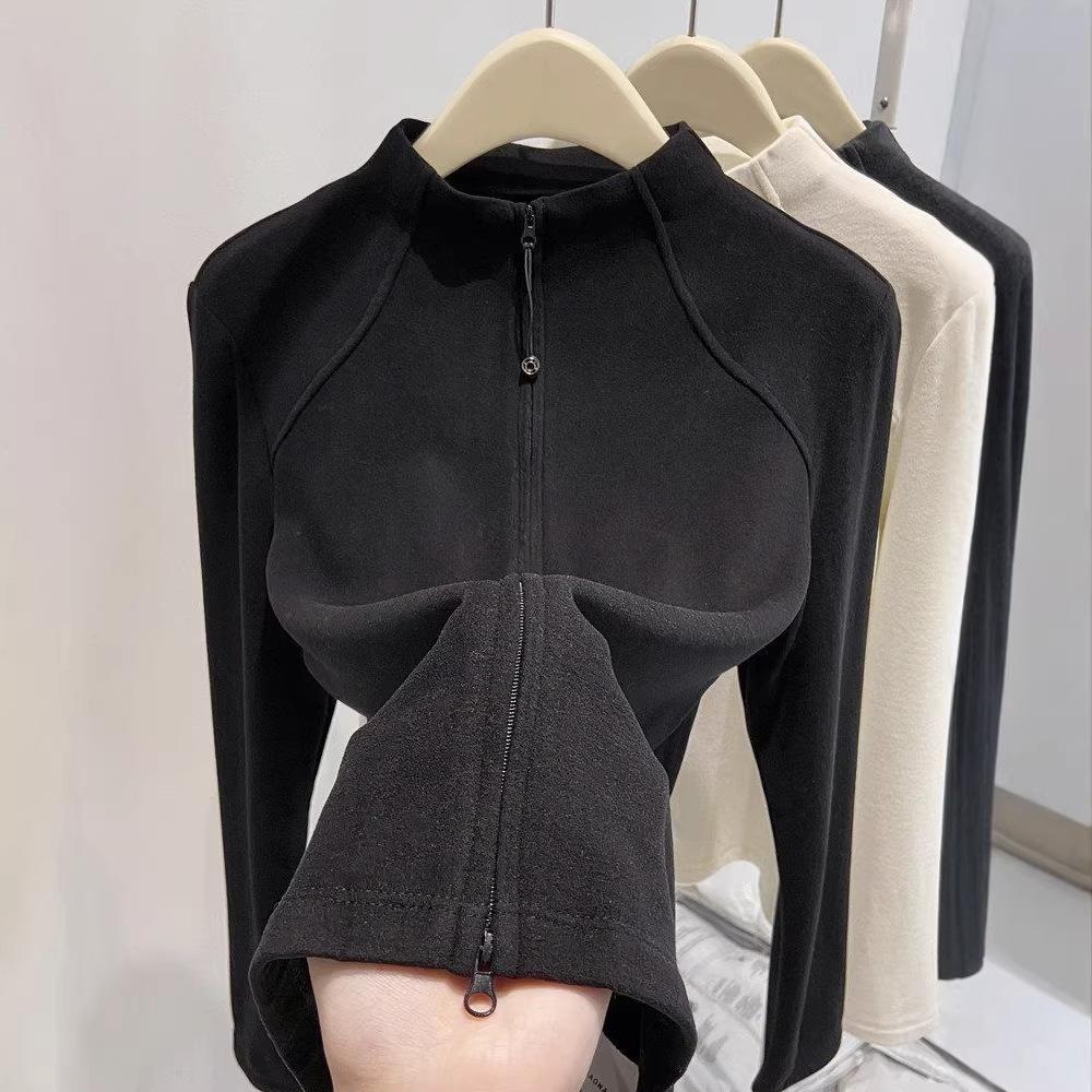 Women's Mock Neck Long Sleeve Knit Top Slim Korean Casual Double Zipper Thermal Cardigan Layering Shirt