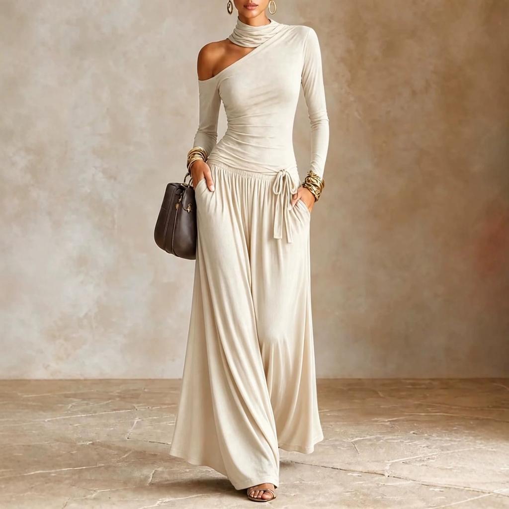 Women's Color Asymmetrical Off Shoulder Long Sleeve Casual Vacation Dress for Beach and Travel
