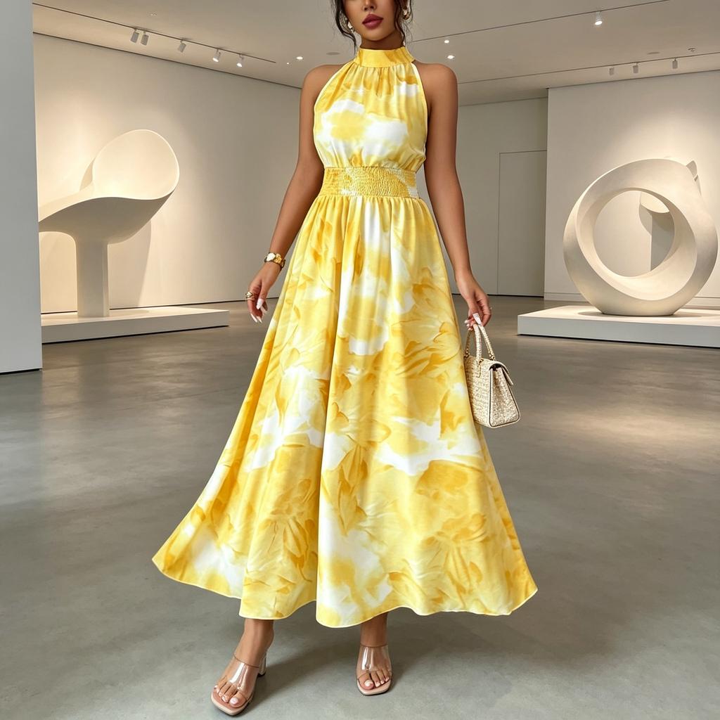 European and American women's 2026 summer halter waist-cinching sleeveless ruffle dress