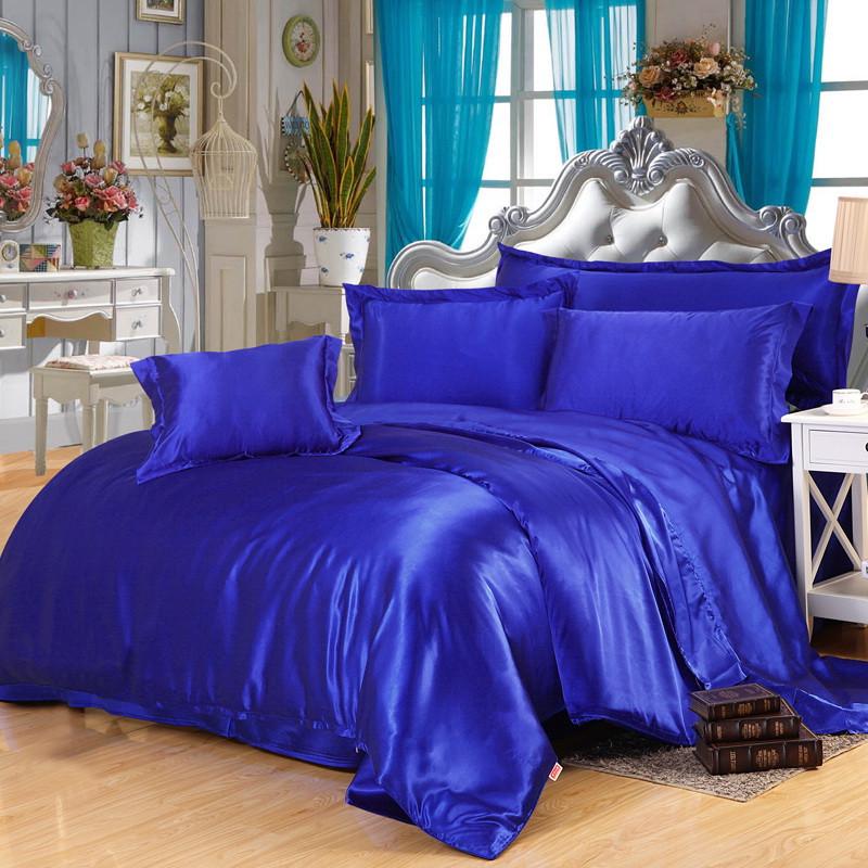 Red Wedding Four-Piece Set: Imitation Mulberry Silk Duvet Cover and Bed Sheet in Solid Color, Double Size, Faux Tencel Tribute Satin.
