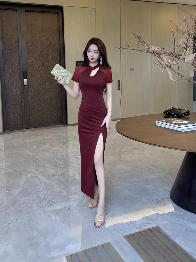 2025 Elegant Women's Chinese Qipao Bodycon Dress - Sexy, Slimming Long Skirt for Nightclub or Workwear