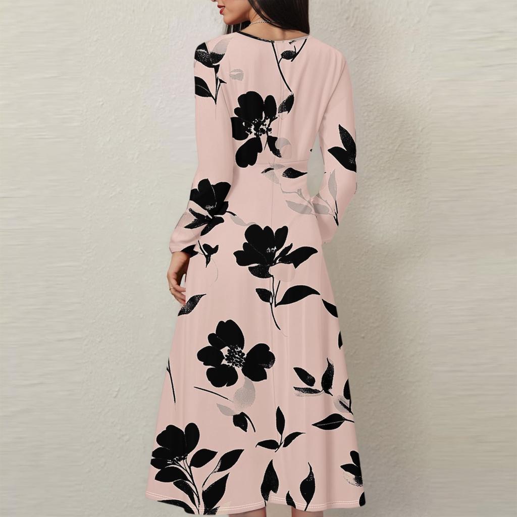 Women's Casual Fashion Floral Print V-neck Long Sleeve Waist Long Dress