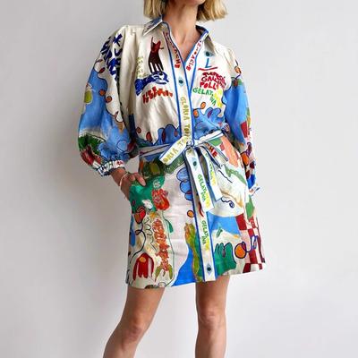 Lässiges bedrucktes Leinenhemd Cardigan Schnürkleid Frau