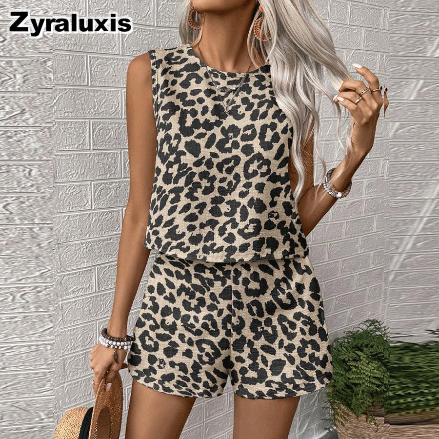 Women s Oversized Leopard Print Crew Neck Tank Top Set S