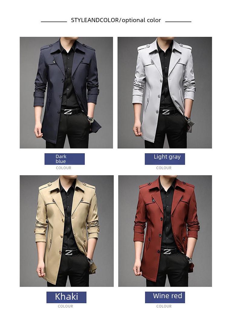 Men's Mid-Length Trench Coat, Autumn Korean Style Jacket, Simple Design, 9 Colors Available