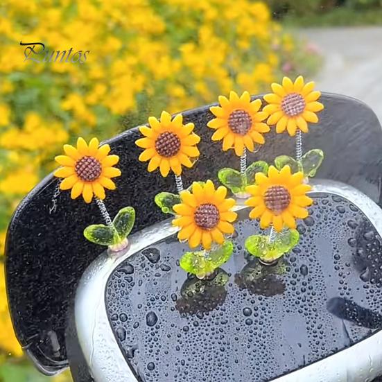 Non Residual Adhesive Ornaments 5Pcs Wobble Sunflower Car Dashboard Decor, Resin Spring Flower Ornament Interior Decoration Flowers with Slip