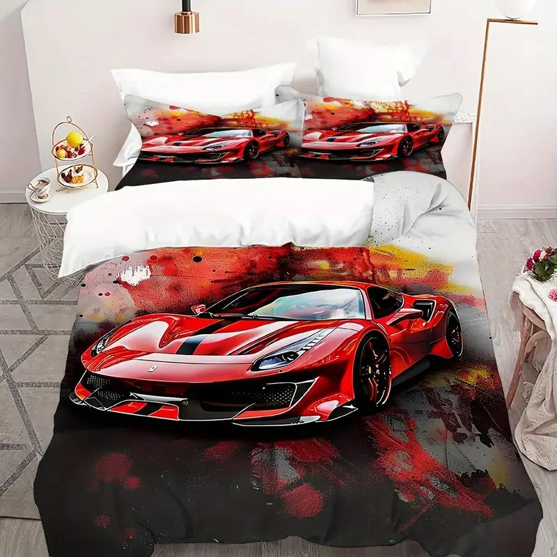 Racing Car Duvet Cover Set - 3D Cartoon Vehicle Print All-Season Bedding Set- 100% Polyester Breathable Fabric, Machine Washable