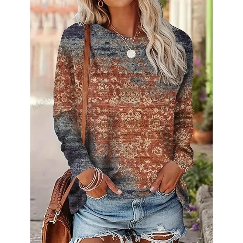 Ethnic Floral 3d Print T-Shirt Women's Crew Neck T-Shirt Casual Long Sleeve T-shirt Women Clothing Fashion Oversized Tops Tees