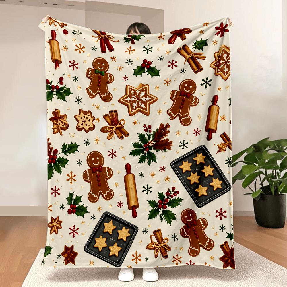 1PC Christmas Gingerbread Man and Holiday Cookie Print Blanket-made of soft, fluffy flannel, perfect for the sofa or bed. Add a