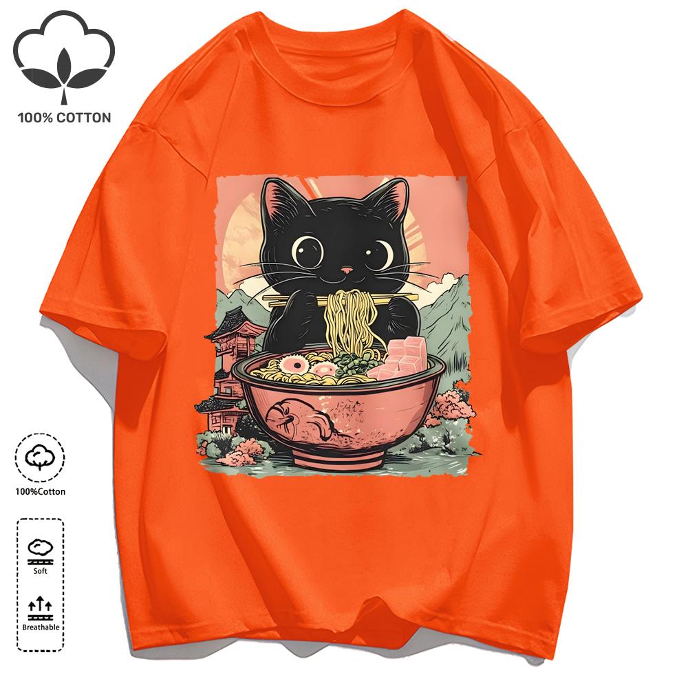 Retro Cats Like To Eat Lamian Noodles Unisex T Shirt Retro Fashion Short Sleeve Summer Comfortable Tee Unisex Cotton Loose Clothing