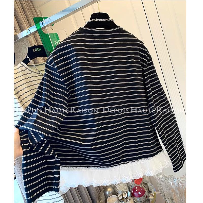 Korean-Style Striped Lace Trim Fake Two-Piece Long-Sleeve Women's T-Shirt