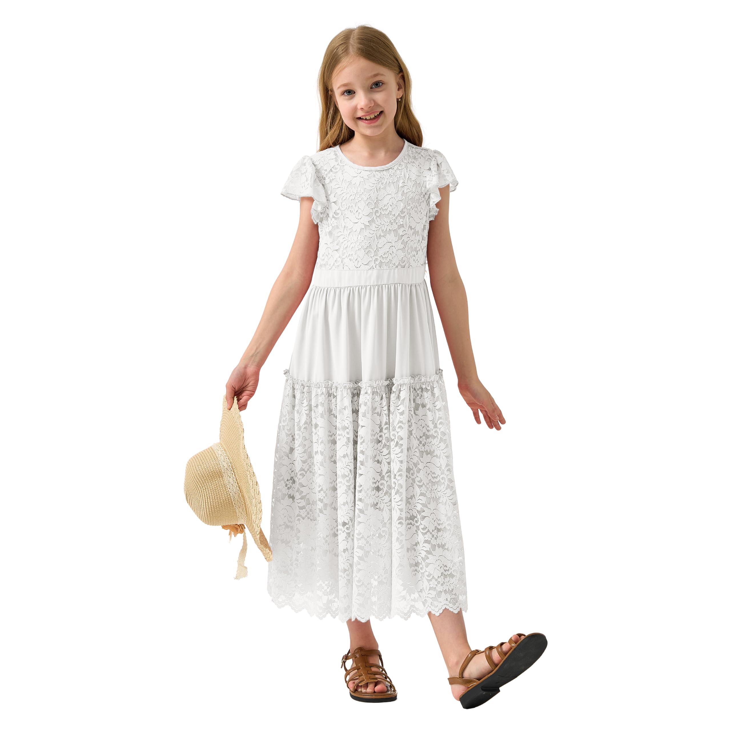 

Rolanko Lace Ruffle Bohemian Perfect for Size 120 Kids Dress, Girls Dress, Parties, Weddings, Recitals, White, белый