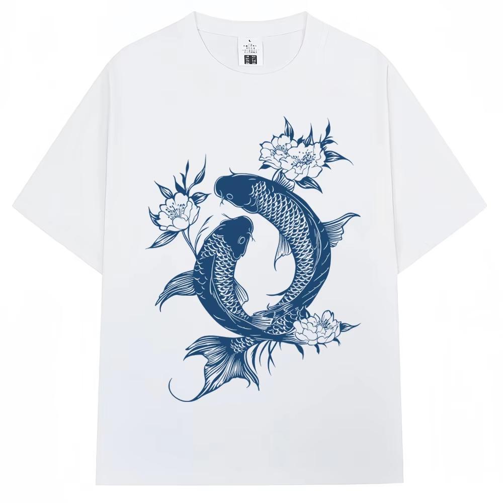Japanese Koi Fish Tokyo Style Graphic Tshirt Unisex Women Fashion Vintage 2026 Summer Tshirts pure Cotton Casual Tees Streetwear S