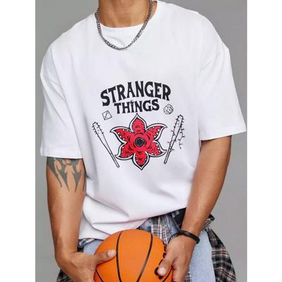 Stranger Things T Shirt White Stranger Things Logo With Red Flower And Baseball Bats Graphic Print Unisex Casual Wear For Fans Of The Series