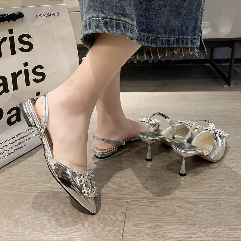 Fashion Luxury High Heels Pumps for Women Summer Fashion Rhinestone Pointed Toe Thin Heeled Sandals Women Slingbacks Party Wedding Shoes