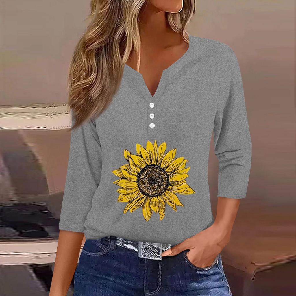 Dámské tričko Tričko Potisk knoflíku 3/4 rukáv Denní víkendová móda Basic Top s výstřihem do V