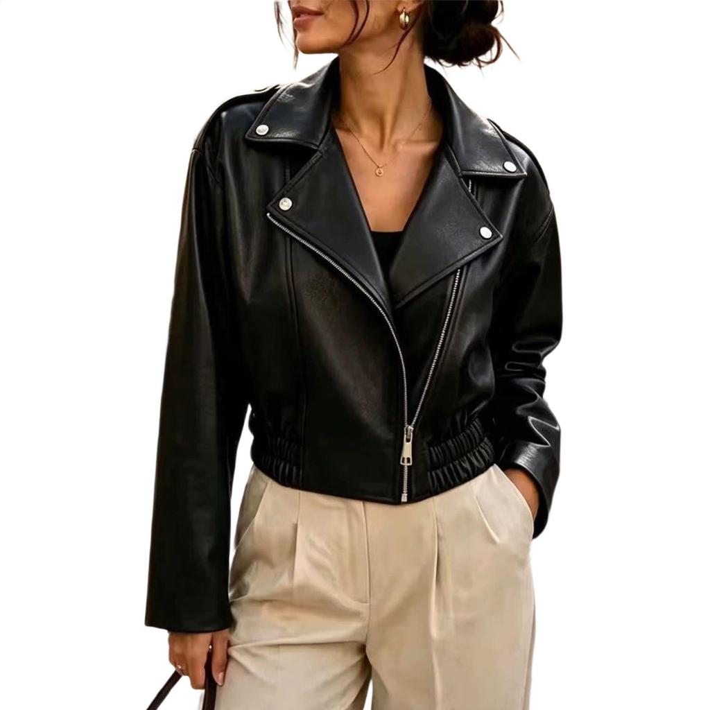 Women's Casual Short Leather Jacket with Lapel Collar and Zip Front for Daily Wear