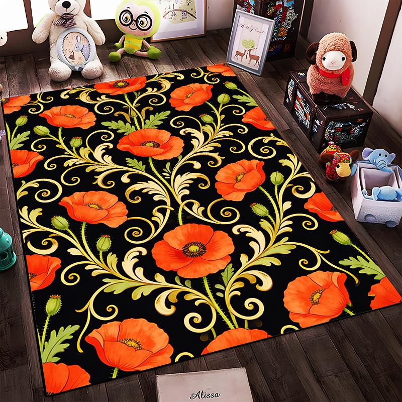 Floral Carpet with Red Poppies, Green Leaves, Black and Gold Design Suitable for use as an anti-slip for living room bedroom sofas