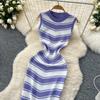 Sommer Frauen Ärmelloses Gestreiftes Gestricktes Quaste Schlank Bodycon Etuikleid Pullover Kleider