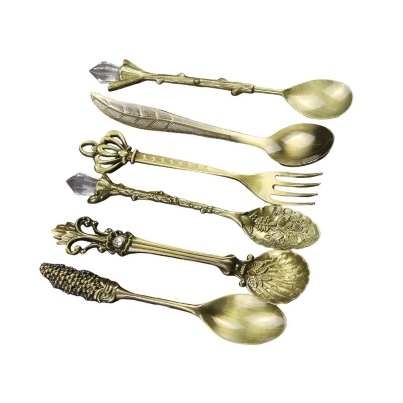 Pack Of 6 Elegant Vintage Dessert Coffee Spoons Crystal Zincs Alloy Carving Stirring Utensils For Home Teas Parties