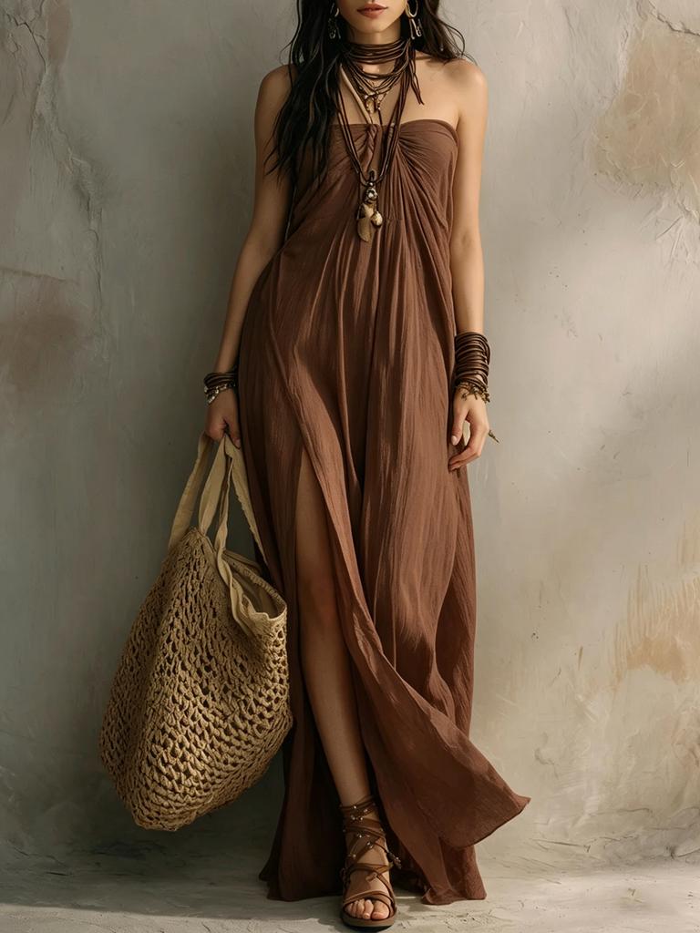 Vestido Maxi Boho Feminino Tomara-que-caia Tubinho Fenda Solto Casual Férias Longo de Praia