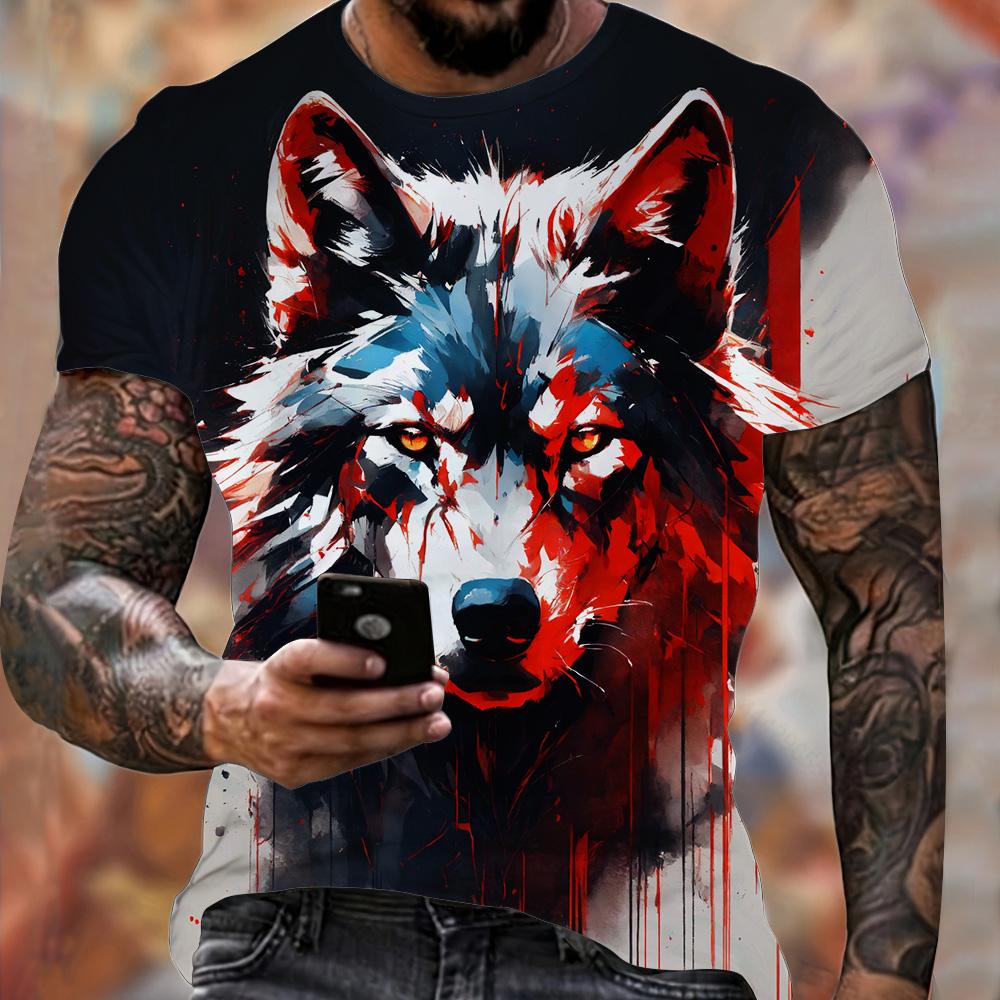 Summer Men's Lightweight Fitness Sports T-Shirt Cool Fire Wolf Graphic 3D Print Short Sleeve Casual Loose Streetwear Men's Tops