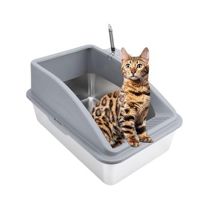 Katzenklo Edelstahl Multifunktional Geräumige Größe Offene Oberseite Erhöhter Rand Kätzchen Katzenklo für Zuhause