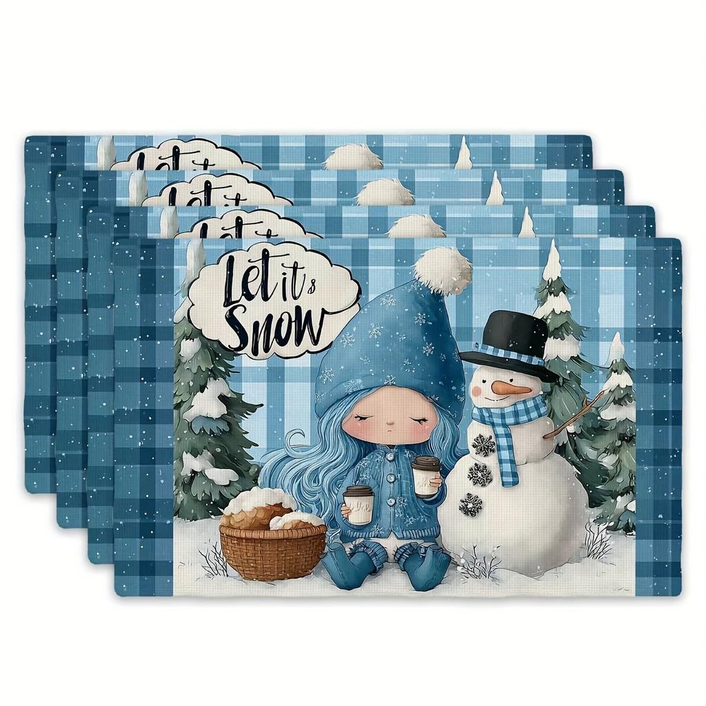 4pcs Printed Placemats - Snow Fairy Winter Warmth Placemats, Rectangular Kitchen Table Mats (12" x 18"), Perfect for Holiday Gat