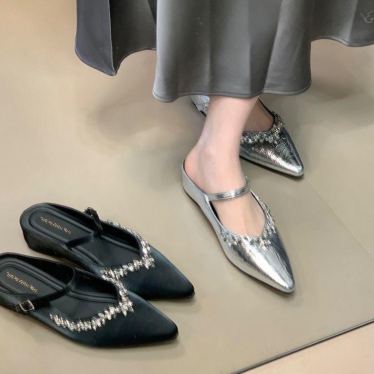 Height-increasing silver bag head slippers 2025 spring new rhinestone one-pedal outer wear pointed single shoes women's platform slippers