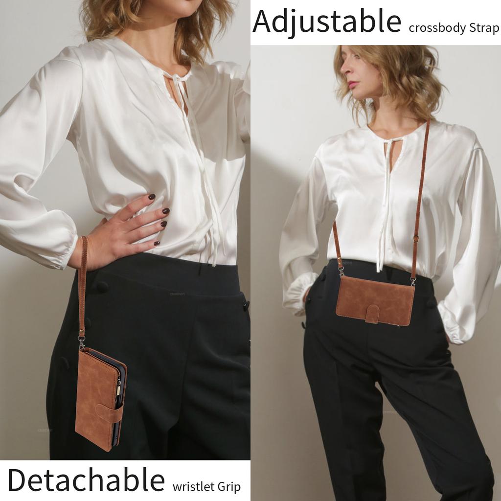 For iPhone 15 Pro Case Zipper Multi-Pocket Wallet Leather Phone Cover with Shoulder and Wrist Straps