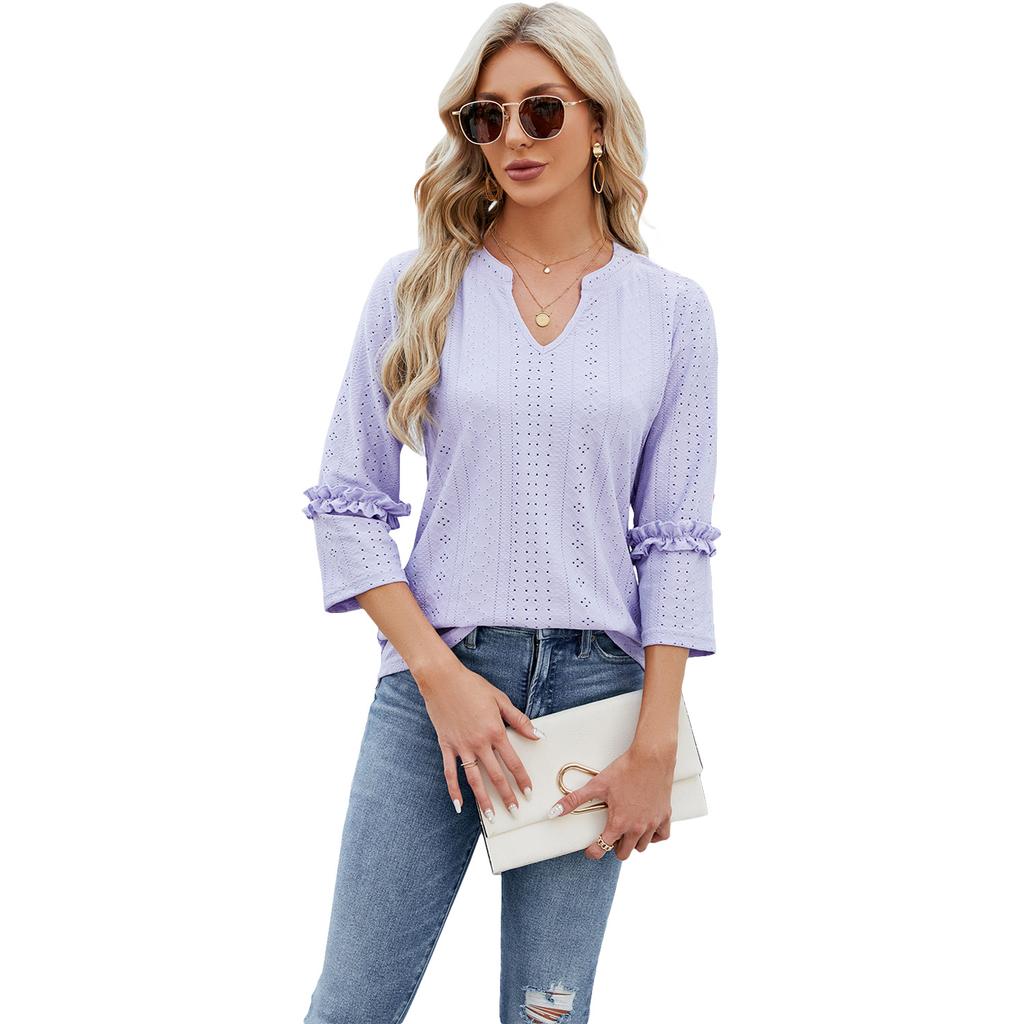 Spring and Summer Women's T-shirt V-neck Lace Seven-quarter Sleeve Jacquard Loose Long-sleeved Tops