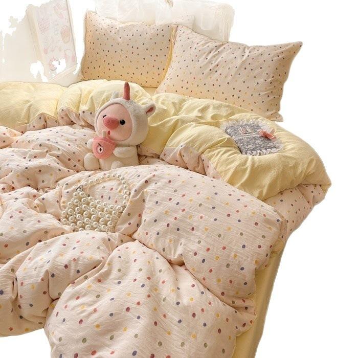 Class A soft waxy washed cotton four-piece bedding cute small fresh quilt cover bed sheet student dormitory bed hat model
