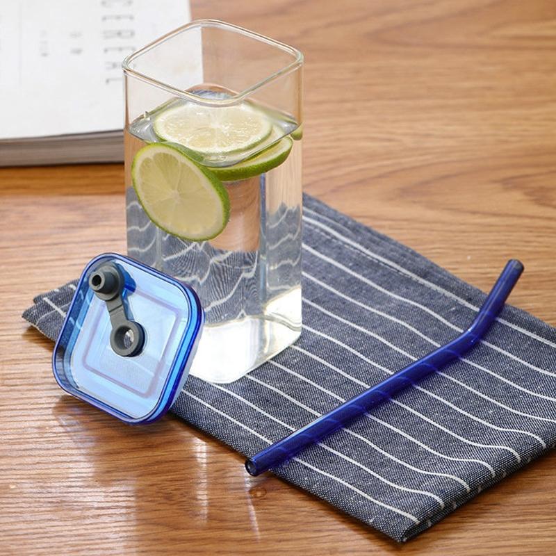 Tasse à café/thé en verre carré 350 ml, bouteille à paille en verre borosilicaté résistant à la chaleur, avec couvercle, paille et brosse de nettoyage