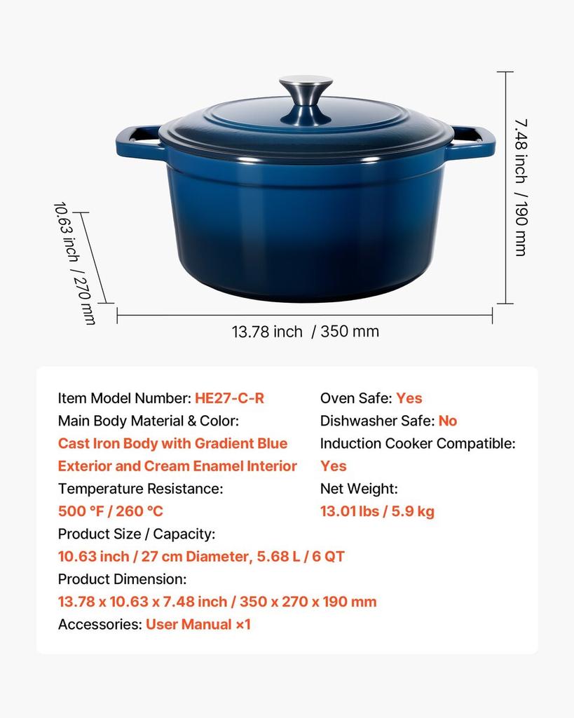 Enameled Cast Iron Dutch Oven, 5.7L Pot with Lid and Dual Handles, Heavy-Duty Durable Cookware Pan, Oven Induction Compatible up to 260 , for