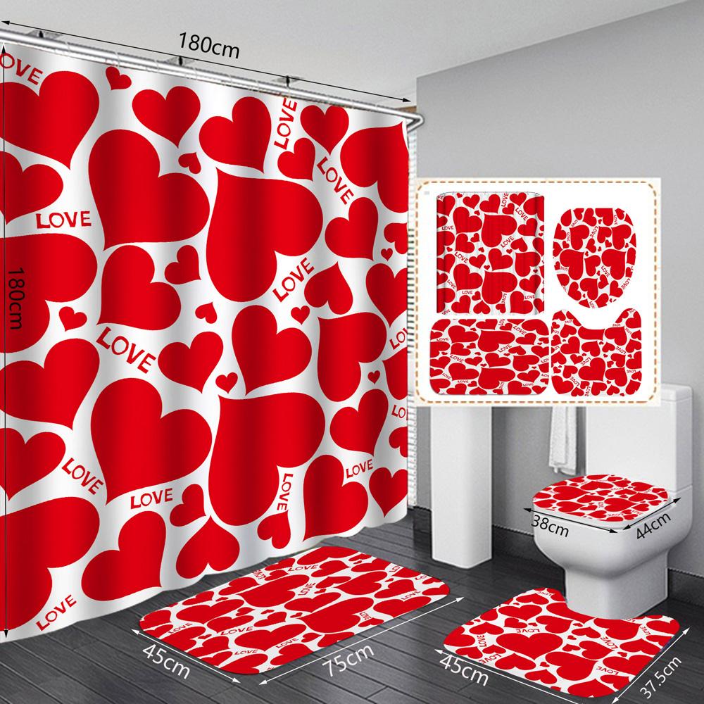 

1 Set Waterproof Shower Curtain Romantic Valentine S Day Heart Rose Bathroom Curtain Set Shower With 12Pcs Plastic Hooks Regular