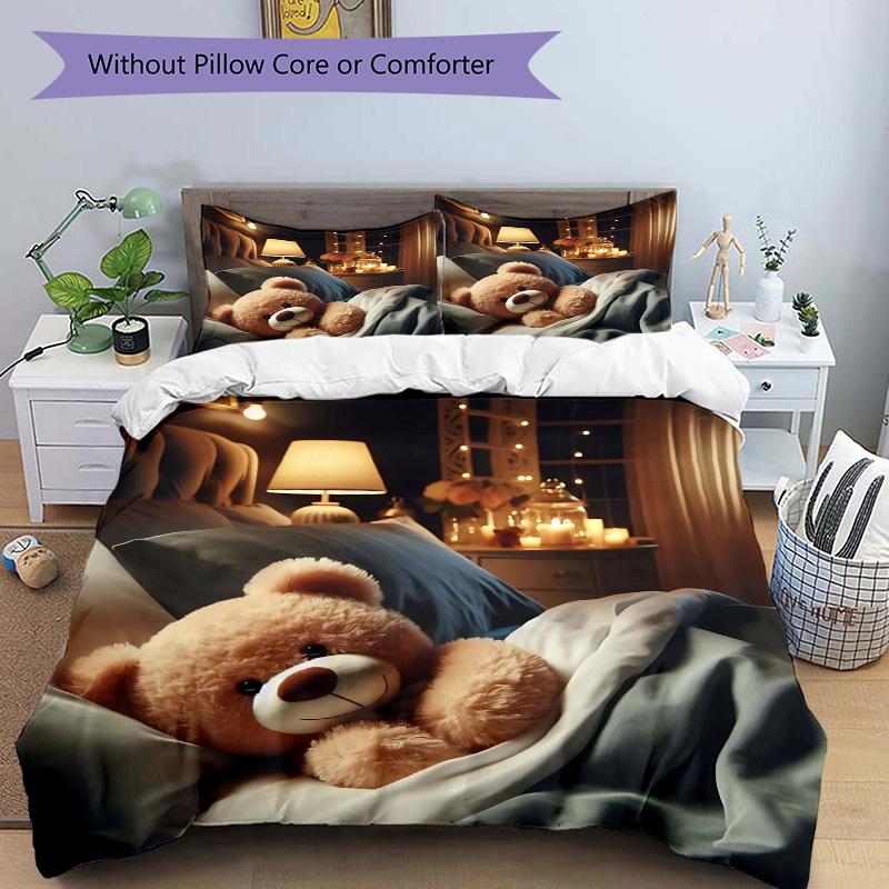 3-teiliges Anime-Teddybär-Bettwäscheset - Enthält einen Bettbezug und zwei Kissenbezüge (Kein Kern) - Perfekt für Schlafzimmer- und Gästezimmerdekoration,