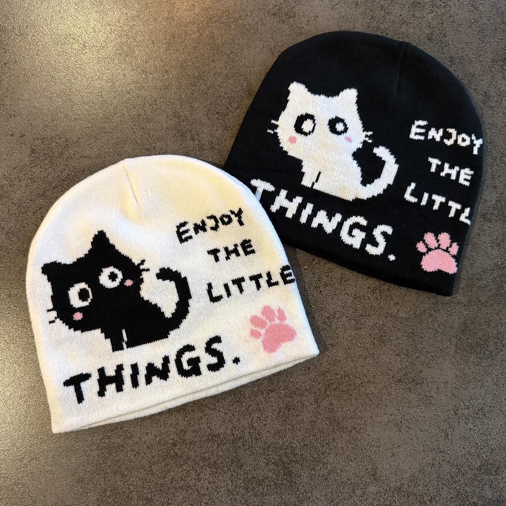 Cat Pattern Letter Embroidery High Top Knit Cap For Autumn Winter Fashion