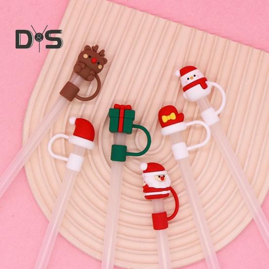 2Pcs Christmas Silicone Straw Cap 10mm Reusable Dust-Proof Straw Topper for Cup Party Decor Santa Claus Snowman Elk Christmas Tree Bells Straw Tips