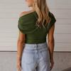 Women’s Asymmetrical Neck Short Sleeve Top with Ribbed Knit Fabric Fitted Pullover Tee Shirt for Casual Wear