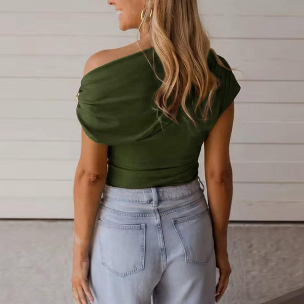 Women’s Asymmetrical Neck Short Sleeve Top with Ribbed Knit Fabric Fitted Pullover Tee Shirt for Casual Wear