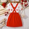 Girls' Fashion Set 2025 Summer Children's Sweet Love Short-sleeved Top with Suspenders Skirt Set