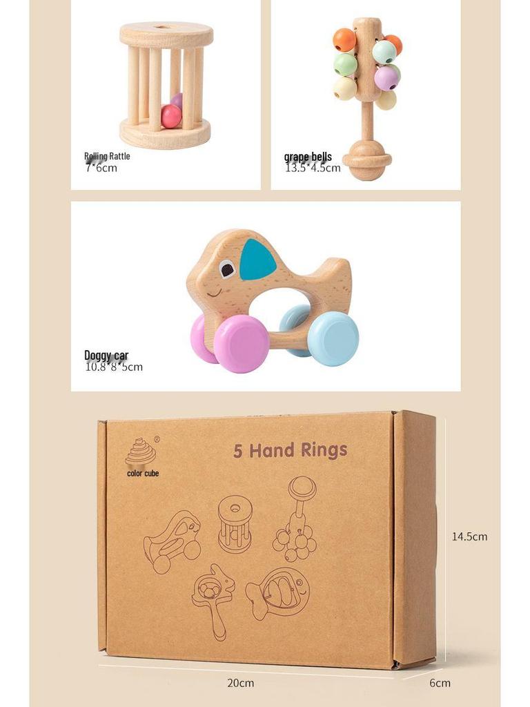 Colorful Wooden Baby Rattle Set: 5-Piece Musical Crib Mobile for Early Education and Soothing