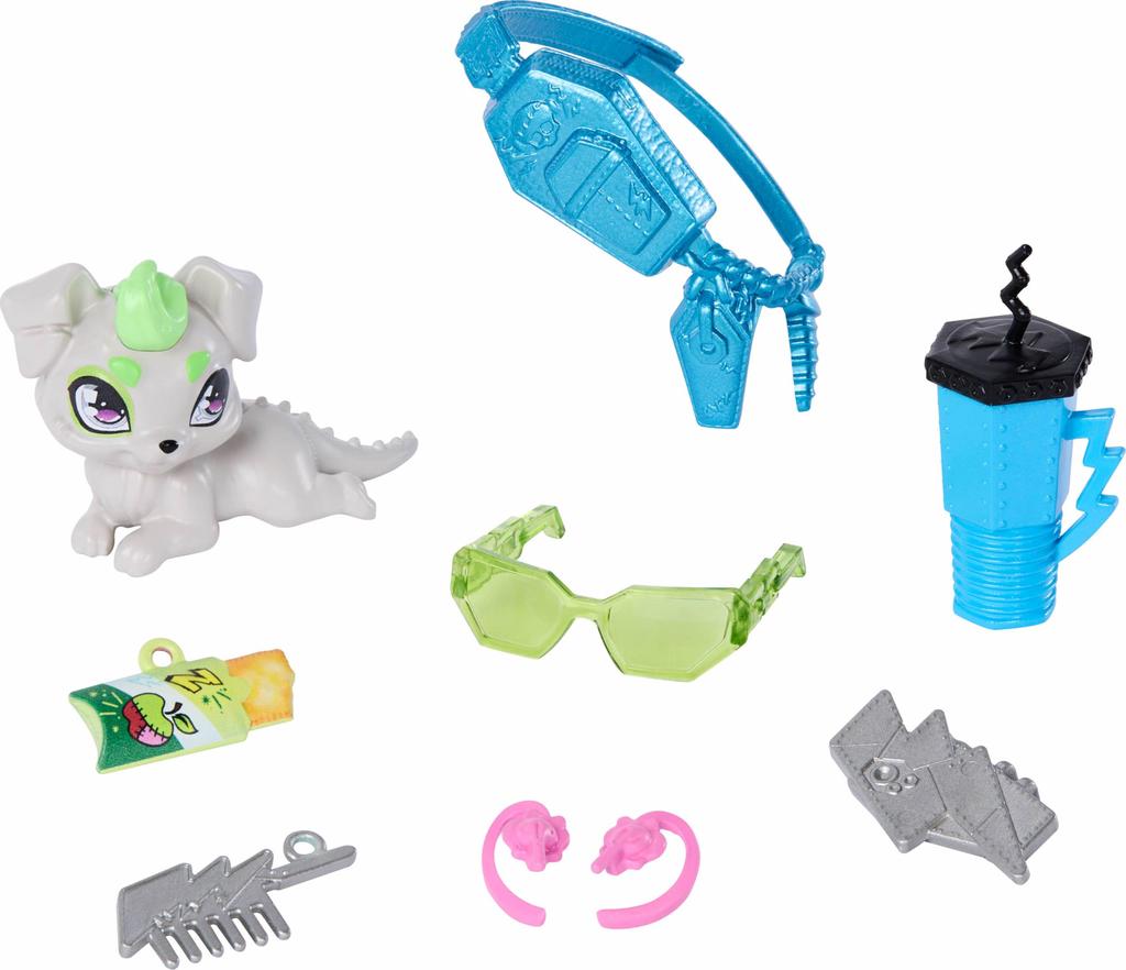 Monster Hydoll, Frankie Stein Cropped Sweater, Pet Dog Wattsy, and Seven Accessories Including a Black Leather Skirt, Earphones, a Belt Bag, and