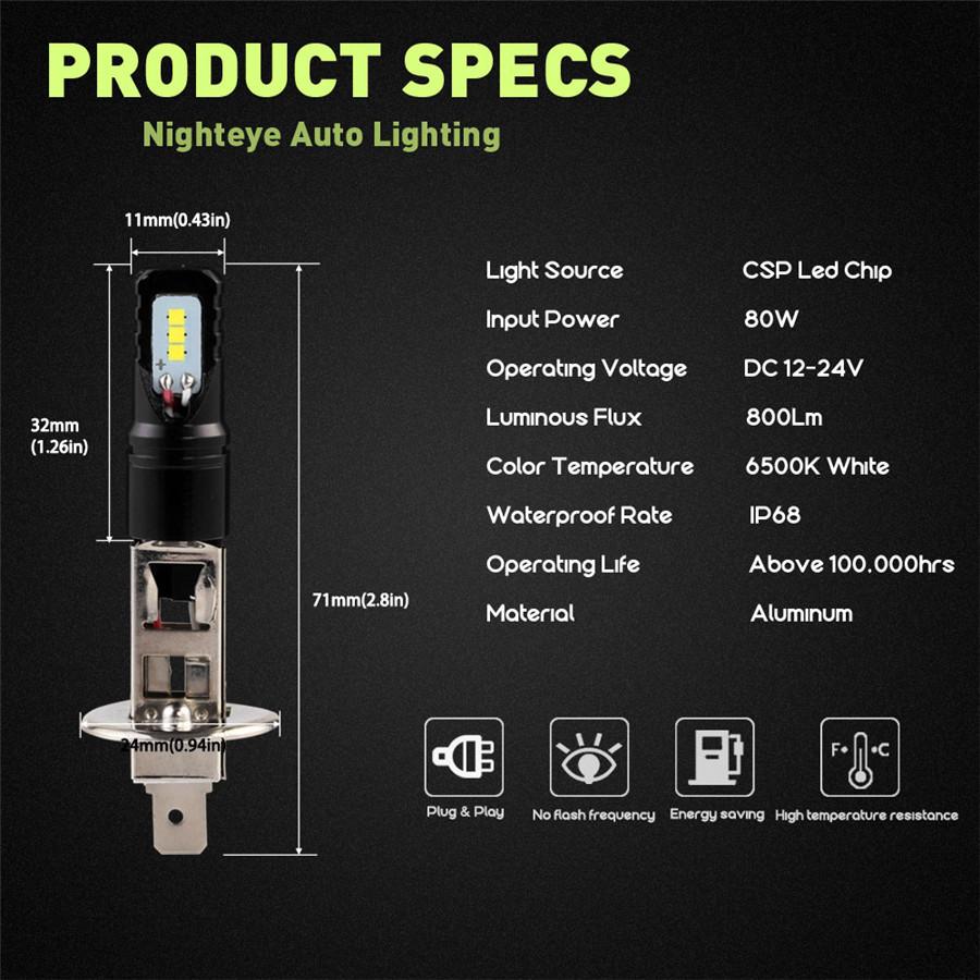 160W H1 Led Bulbs For Cars Daytime Driving Fog Lights CSP Chip Super Bright 6000K White Lighting High Power