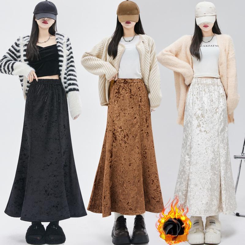 Золотая бархатная плюшевая утолщенная юбка с высокой талией для женщин — фото 3