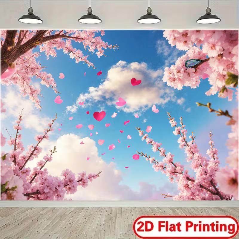 

2D Love Themed Background, Sakura Branches with Pink Hearts and Blue Sky Backdrop 47.2x31.5inch/120*80cm
